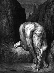 Den gudomliga komedin, av Dante: The Giant Antaeus. av Gustave Dore
