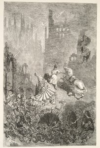 The Downfall of King Pellams Castle, från Stories of the Days of King Arthur av Charles Henry Hanson, pub.1898 av Gustave Dore