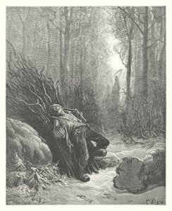 La Fontaines fabler: Döden och skogshuggaren (gravyr) av Gustave Dore