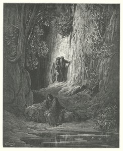 La Fontaines fabler: Skiljedomaren, Almoner och eremiten (gravyr) av Gustave Dore