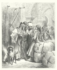 La Fontaines fabler: Bashawen och köpmannen (gravyr) av Gustave Dore