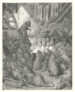 La Fontaines fabler: Rådet som hölls av råttorna (gravyr) av Gustave Dore