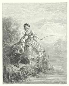 La Fontaines fabler: Fisken och herden som spelade på klarionetten (gravyr) av Gustave Dore