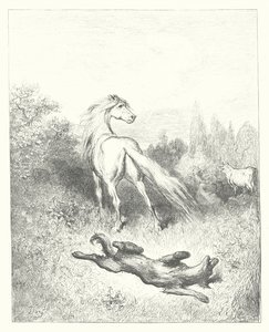 La Fontaines fabler: Hästen och vargen (gravyr) av Gustave Dore