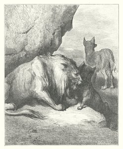 La Fontaines fabler: Lejonet, vargen och räven (gravyr) av Gustave Dore