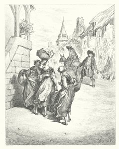 La Fontaines fabler: Mjölnaren, hans son och åsnan (gravyr) av Gustave Dore