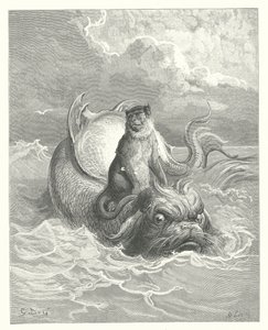 La Fontaines fabler: Apan och delfinen (gravyr) av Gustave Dore