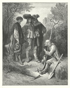 La Fontaines fabler: Den gamle mannen och de tre unga männen (gravyr) av Gustave Dore