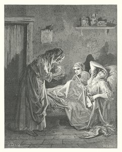 La Fontaines fabler: Den gamla kvinnan och hennes tjänare (gravyr) av Gustave Dore