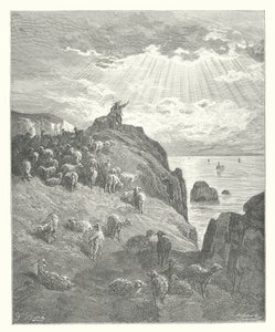 La Fontaines fabler: Fåraherden och havet (gravyr) av Gustave Dore
