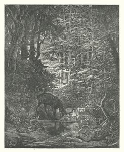 La Fontaines fabler: Hjorten som ser sig själv i strömmen (gravyr) av Gustave Dore