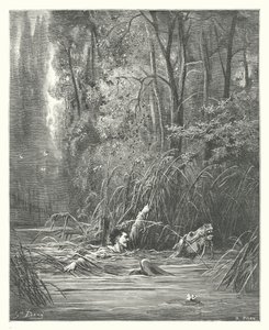 La Fontaines fabler: Strömmen och floden (gravyr) av Gustave Dore