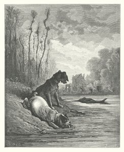 La Fontaines fabler: De två hundarna och den döda åsnan (gravyr) av Gustave Dore