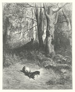 La Fontaines fabler: De två råttorna, räven och ägget (gravyr) av Gustave Dore