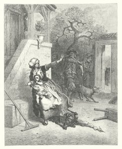 La Fontaines fabler: Vargen, modern och barnet (gravyr) av Gustave Dore