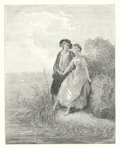La Fontaines fabler: Tircis och Amaranth (gravyr) av Gustave Dore