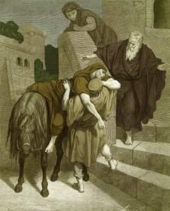 Den barmhärtige samariten på värdshuset, av Doré. - Bibeln av Gustave Dore