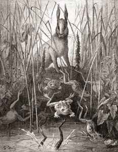 Haren och grodorna, från en utgåva från slutet av 1800-talet av Fables de La Fontaine (trästick)
