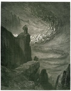 Dante Alighieris helvete (den gudomliga komedin) illustrerad av Gustave Dore. Fransk upplaga av 1861. ”Den infernaliska stormen, som aldrig förblir/Lämnar andarna med sitt rån. (Den infernaliska orkanen, som aldrig stannar, drar andar in i sin virvelvind)" av Gustave Dore