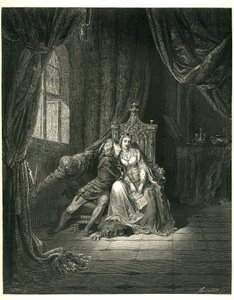 Dante Alighieris Helvetet (Den gudomliga komedin) illustrerad av Gustave Dore. Fransk utgåva från 1861. Francesca da Rimini och hennes älskare: "Quel giorno piu non vi leggemo avante. (Denna dag läser vi inte vidare)", sång 5. v. 138 av Gustave Dore