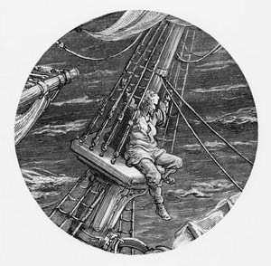 The Mariner uppe i bajset på skeppet, scen från "The Rime of the Ancient Mariner" av S.T. Coleridge, publicerad av Harper und Brothers, New York, 1876 (trägravyr) av Gustave Dore