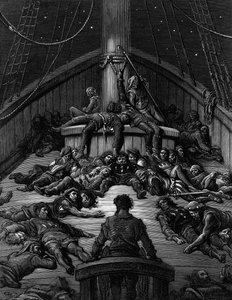 Sjöfararen betraktar sina döda kamrater och beklagar förbannelsen över att han har överlevt medan alla hans medseglare har dött, scen ur "The Rime of the Ancient Mariner" av S.T. Coleridge, utgiven av Harper  Brothers, New York av Gustave Dore