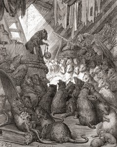 Mössen i rådet, även kända under titlarna "Belling the Cat" och "The Bell and the Cat", från en sena 1800-talsutgåva av "Fables de La Fontaine" (trägravyr) av Gustave Dore