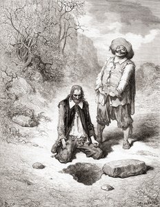The Miser Who Lost His Treasure, från en utgåva från slutet av 1800-talet av Fables de La Fontaine (trägravyr)