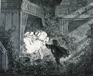 Prinsen kommer in i prinsessans sovrum på det förtrollade slottet, illustration till "Törnrosa" av Charles Perrault (1628-1703) av Gustave Dore