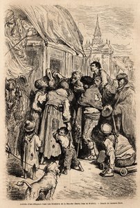 Ankomsten av diligence till ett hotell i Santa Cruz de modela (Mancha-provinsen), överfallen av tiggare som efterlyser almone. Teckning av Gustave Dore (1832-1883). Gravyr för att illustrera resan i Spanien, 1862 av Charles Davillier och Gustave Dore, i av Gustave Dore