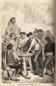 Den baratero vapen av navaja, kräver barato, hyllning som han arrogerar på mängden hemliga spel. Teckning av Gustave Dore (1832-1883), för att illustrera hans resa till Spanien 1862, med Ch. Davillier. Gravyr i "" Le tour du monde", utg av Gustave Dore