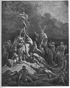 The brazen snake - "" The brazen snake"" - Andra Moseboken (nahash), förvandlingen av Mose käpp till en orm - Moses och den brazen ormen - - gravyr i "" Bibeln illustree"" av Gustave Dore ( 1832-1883) - Gravyr från "" The Dore Bi av Gustave Dore