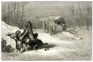 Brigadören Agostin attackeras av en varg, nära den döda hästen som fortfarande nås i vagnen överger komikerna eller gömmer den lilla Chiquita. Gravyr av Gustave Dore som illustrerar Theophile Gautiers roman "Le capitaine Fracasse", edition Charpentier 1863 av Gustave Dore