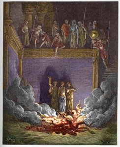 Den brinnande ugnen (Babylons tre barn, de tre unga hebréerna eller de tre unga männen) Ananias, Azarias och Misael fäller ut i en brinnande ugn eftersom de vägrar att böja sig inför statyn av kungen av Babylon - De tre unga männen i av Gustave Dore