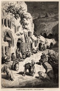 Grottorna (underjordiska hus) av zigenare, i Sacro Monte, i Granada. Teckning av Gustave Dore (1832-1883), för att illustrera hans resa till Spanien 1862, åtföljd av Ch.Davillier. Gravyr i "" Le tour du monde"", redigerad av Edouard Charton av Gustave Dore