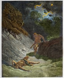 Abels död - Mordet på Abel av Kain - gravyr i "The Bible illustree" av Gustave Dore (1832-1883) - Gravyr från "" The Dore Bible"" av Gustave Dore