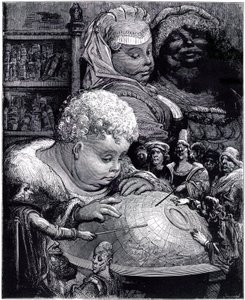 Utbildningen av Gargantua: jätten, barnet, studerar en jordglob med sina lärare, under sina föräldrars ögon av Gustave Dore