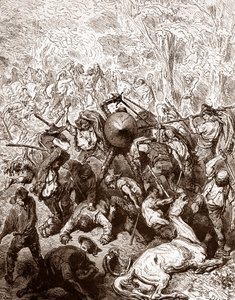 Kampen mot muleteers av Yanguas Gravyr av Gustave Dore (1832-1883) för "The Ingenieux Hidalgo Don Quixotte de la Manche (Quixotte - Quijote)" av Miguel de Cervantes (1547-1616) 1863 Privat samling av Gustave Dore