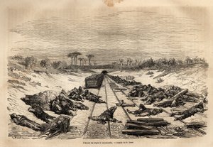 Vilotimman i Argamasilla, de många järnvägsarbetarna som ligger på banan, vilar i full sol. Gravyr för att illustrera resan till Spanien av Gustave Dore (1832-1883) illustratör och baron Ch. Davillier reaktor, 1862, publicerad i "Le tour du monde, nr av Gustave Dore