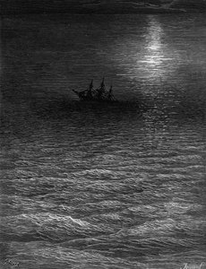 Det strandsatta skeppet i ett månbelyst hav, scen från "The Rime of the Ancient Mariner" av S.T. Coleridge, publicerad av Harper und Brothers, New York, 1876 (wwod gravyr) av Gustave Dore