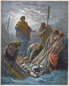 Det mirakulösa draget av fiskar - Mirakulöst fiske - - Gravyr i "The Bible illustree" av Gustave Dore (1832-1883) - Gravyr från "" The Dore Bible"" av Gustave Dore