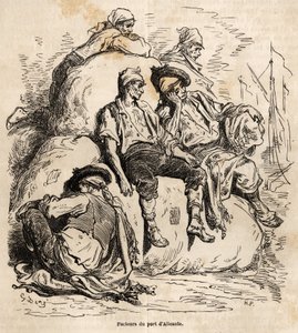 Tuppluren för bärarna i Alicantes hamn, skiss gjord på Gustave Dores livliga (1832-1883), för att illustrera hans resa till Spanien, 1862, med Ch. Davillier. Gravyr i "" Le tour du monde"", redigerad av Edouard Charton av Gustave Dore