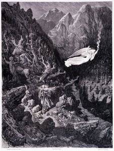 Den gamle mannen som håller en handväska och sin käpp som går i ett fientligt landskap övervinns av en ängel som viftar med en eldhastighet, Platt VII - Illustration av Gustave Dore (1832-1883), för La legende du Jew wandering av Pierre Dupont, Edition Lib av Gustave Dore
