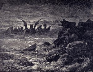 Profeten Daniel ser monster dyka upp: Haniel, Kafziel, Azriel, Aniel. Gravyr från Bibeln illustrerad av Gustave Dore. 1800-talet av Gustave Dore