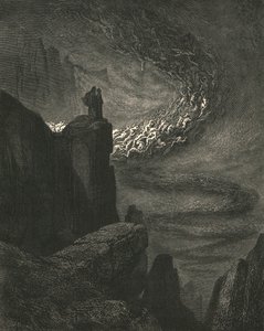 Det stormiga helvetets explosion med rastlös raseri driver andarna vidare, c1890. av Gustave Dore