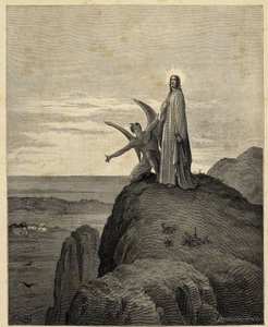 "Kristi frestelse" Jesus leds ut i öknen och frestas av djävulen. Illustration av Gustave Dore (1832-1883) för Bibeln. 1866 av Gustave Dore