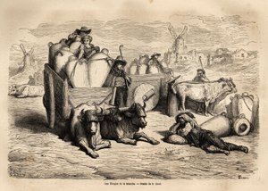 Kanalens tinajas, användningen av dessa enorma lerburkar ersätter användningen av fat och deras användning är mycket gammal. Gravyr för att illustrera resan till Spanien av Gustave Dore (1832-1883) illustratör och baron Ch. Davillier reaktor, 1862, publice av Gustave Dore