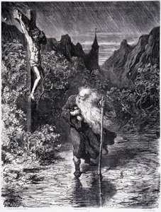 Den vandrande juden som passerar nära en Golgata - i "Legenden om den vandrande juden"" av Gustave Doré, Bokhandeln i den pittoreska butiken av Gustave Dore