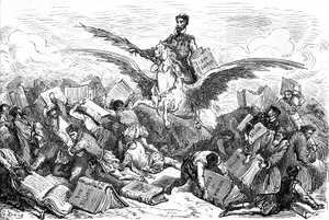 Författaren Cervantes rider på en vinghäst (Pegase), med sin bok "Don Quijote" och en fjäder i handen, och flyger över andra författare som bär (tungt!) på sina böcker. Gravyr av Gustave Dore som illustrerar Hachette-utgåvan från 1869 av boken "L