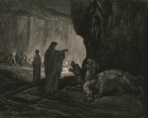 Sedan min guide, hans handflator expanderar på marken, c1890. av Gustave Dore